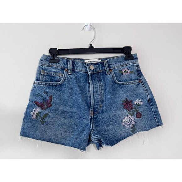REFORMATION Charlie High Rise Jean Shorts Woman’s Floral Fauna Embroidery size